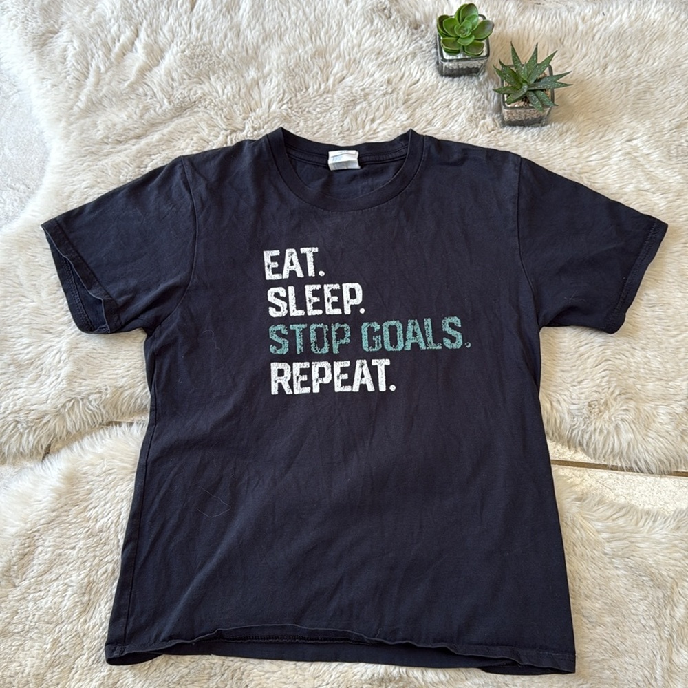 Eat Sleep Stop Goals Repeat Goalie Youth Tee Shirt Size Medium / 9-10 Black